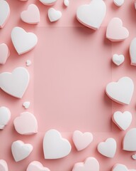 A pink flat lay frame with scattered white hearts and space in the center, creating a soft and romantic Valentine&rsquo;s Day look.