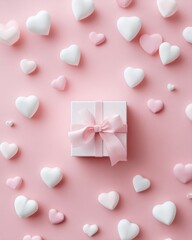 A pink flat lay frame with scattered white hearts and space in the center, creating a soft and romantic Valentine&rsquo;s Day look.