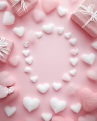 A pink flat lay frame with scattered white hearts and space in the center, creating a soft and romantic Valentine&rsquo;s Day look.