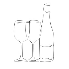 One continuous line drawing on white isolated background. Minimalism linear illustration. bottle, champaign, goggles, party, alcohol, celebration, drink, toast, beverage