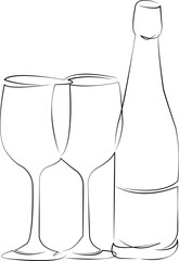 One continuous line drawing on white isolated background. Minimalism linear illustration. bottle, champaign, goggles, party, alcohol, celebration, drink, toast, beverage