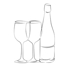 One continuous line drawing on white isolated background. Minimalism linear illustration. bottle, champaign, goggles, party, alcohol, celebration, drink, toast, beverage