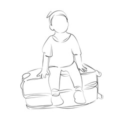 One continuous line drawing on white isolated background. Minimalism linear illustration. children, suitcase, travel, person, baggage, trip, holiday maker, caucasian, girl, little