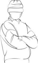 One continuous line drawing on white isolated background. Minimalism linear illustration. sport, person, hockey, player, helmet, ice, game, athlete, man, winter