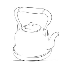 One continuous line drawing on white isolated background. Minimalism linear illustration. hot, kettle, metal, teapot, water, steam, boil, pot, tea, kitchen