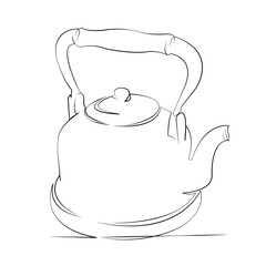 One continuous line drawing on white isolated background. Minimalism linear illustration. hot, kettle, metal, teapot, water, steam, boil, pot, tea, kitchen
