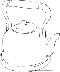 One continuous line drawing on white isolated background. Minimalism linear illustration. hot, kettle, metal, teapot, water, steam, boil, pot, tea, kitchen