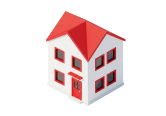 A small white house with a red roof and red doors isolated on transparent background