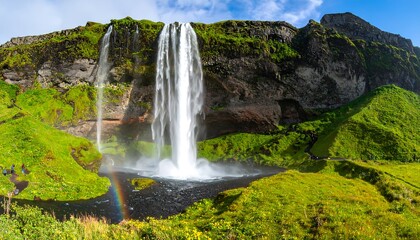 Scenic landscape featuring a cascading waterfall with a vibrant rainbow