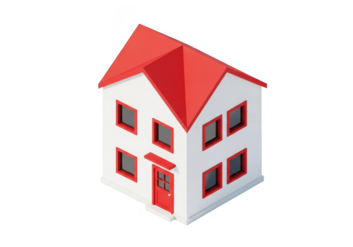 A small white house with a red roof and red doors isolated on transparent background