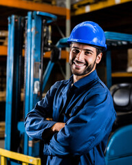 Smiling industrial worker in a blue hard hat standing confidently in a warehouse.