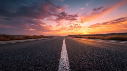 A road extending toward the horizon under a colorful sunset sky with warm reflections on the asphalt.