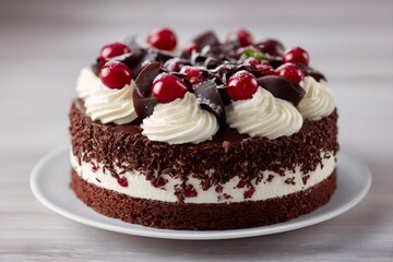 Black forest cake decorated with chocolate and cherries