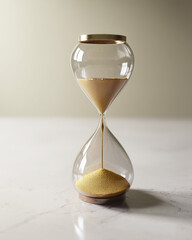 Elegant hourglass with golden sand flowing on a marble surface.