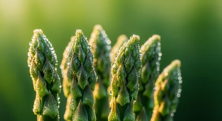 Fresh Asparagus Stalks in Sunlight with Water Droplets on A Blurry Green Background