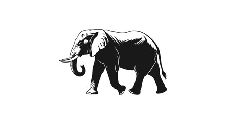 Obraz premium Illustration of a walking African elephant with large tusks and ears, rendered in black and white.
