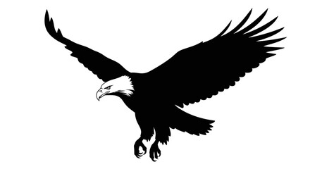 Silhouette of an eagle in flight with wings spread and white head.