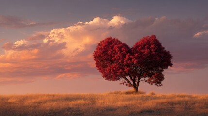 A heart-shaped red tree stands in a golden field at sunset, glowing against a colorful sky in a warm and romantic scene.