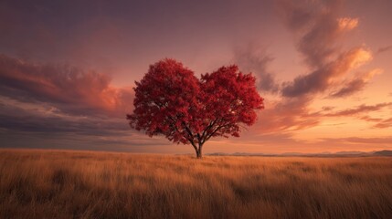 A heart-shaped red tree stands in a golden field at sunset, glowing against a colorful sky in a warm and romantic scene.