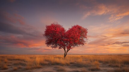 A heart-shaped red tree stands in a golden field at sunset, glowing against a colorful sky in a warm and romantic scene.