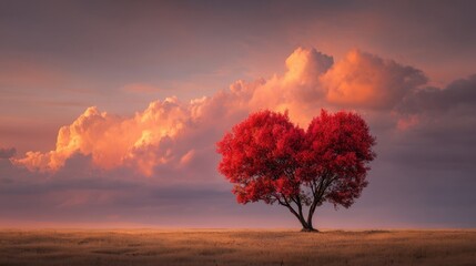A heart-shaped red tree stands in a golden field at sunset, glowing against a colorful sky in a warm and romantic scene.