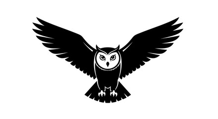 Stylized black and white illustration of an owl with wings spread, facing forward.