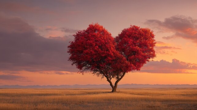 A heart-shaped red tree stands in a golden field at sunset, glowing against a colorful sky in a warm and romantic scene.