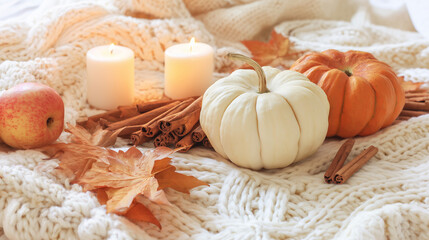 Autumn-themed still life with pumpkins, apples, candles, and cinnamon sticks on a knitted blanket.