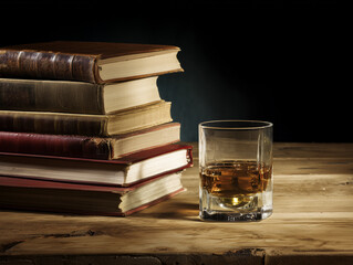 Stack of vintage books beside a glass of whiskey on a rustic wooden table.