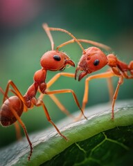 Two red ants stand close on a green leaf, appearing to kiss, captured in dramatic macro detail with soft natural lighting.