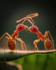 Two red ants stand close on a green leaf, appearing to kiss, captured in dramatic macro detail with soft natural lighting.