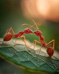 Two red ants stand close on a green leaf, appearing to kiss, captured in dramatic macro detail with soft natural lighting.