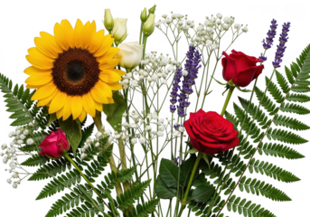 Vibrant sunflower and red roses bouquet with greenery isolated on transparent background