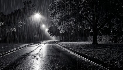 Rainy night street illuminated by streetlights and trees  