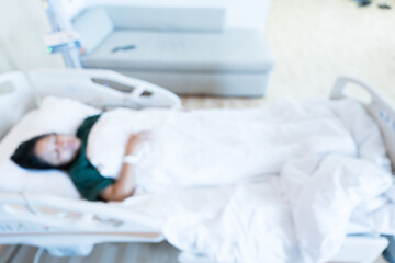 Blur image of patient on bed and nurse working area in internal medicine departments at the hospital.Medical treatment emergency patient.Caregiver and hopeful concept.
