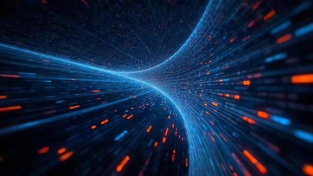 Abstract digital tunnel with glowing blue and orange particles