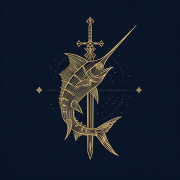 Golden Marlin Fish And Sword Emblem On Dark Blue Photo Background animal billfish