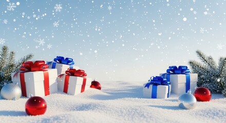 Christmas Gifts Snowflakes and Ornaments in Snowy Landscape
