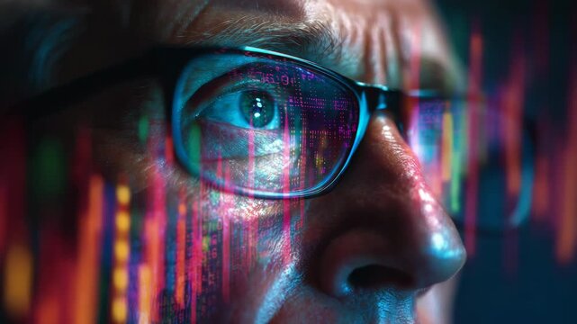 Caucasian male analyzing digital data with glasses in futuristic setting