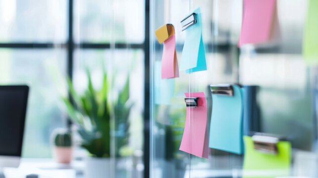 Colorful sticky notes on glass wall in modern office with blurred background of plants and workspace, concept of organization and planning.