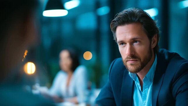 A businessman under stark teal light discusses brand strategy with a startup team hyper realistic financial visuals glowing moody shadows in a modern office bold colors in das