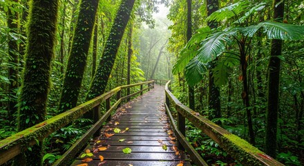 Immerse yourself in the lush, vibrant emerald green rainforest canopy, walking a wooden pathway...
