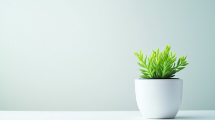 A small green plant in a white pot sits on a light-colored surface against a soft, neutral background. The plant has vibrant leaves and a simple design.