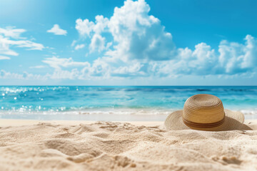 Straw hat on sandy tropical beach with turquoise ocean and blue sky, relaxing summer vacation scene