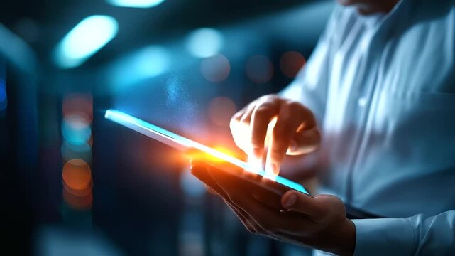 A close up of a data center engineer under stark cyan light oversees server virtualization on a tablet hyper realistic scripts glowing moody shadows on server racks bold color