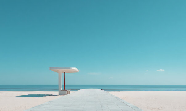 Minimalist beach shelter on quiet sea shore with clear blue sky and sand