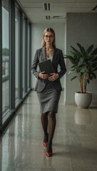 Obraz premium Full-length portrait of a confident young blonde woman in a stylish gray skirt suit, holding a folder and walking in a modern office hallway.