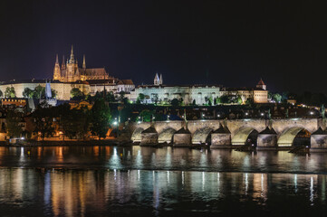 Prague Castle and Charles Bridge Illuminated at Night