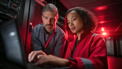 A data center manager under stark red light guides an engineer using deep learning algorithms hyper realistic pattern recognition visuals glowing moody shadows on server racks