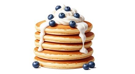 Stack of fluffy pancakes with whipped cream and blueberries isolated on transparent background